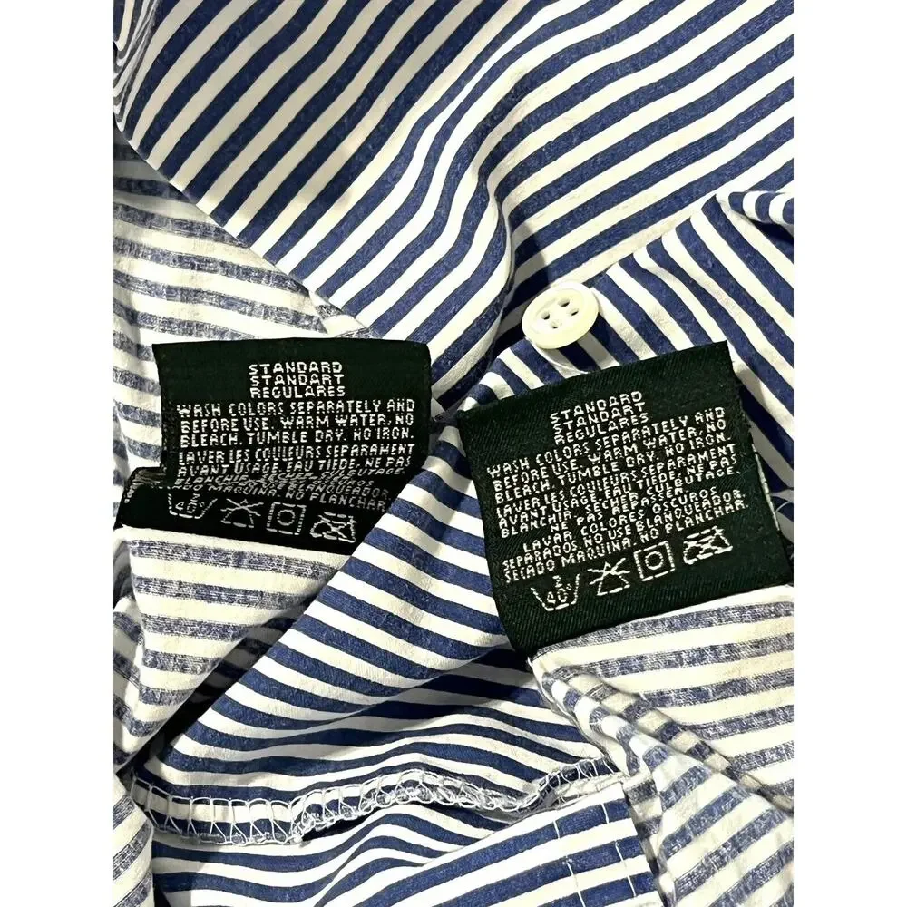 Vintage Ralph Lauren Blue White Stripe TWIN Sheet Set Flat Fitted 2 Shams *FLAW*